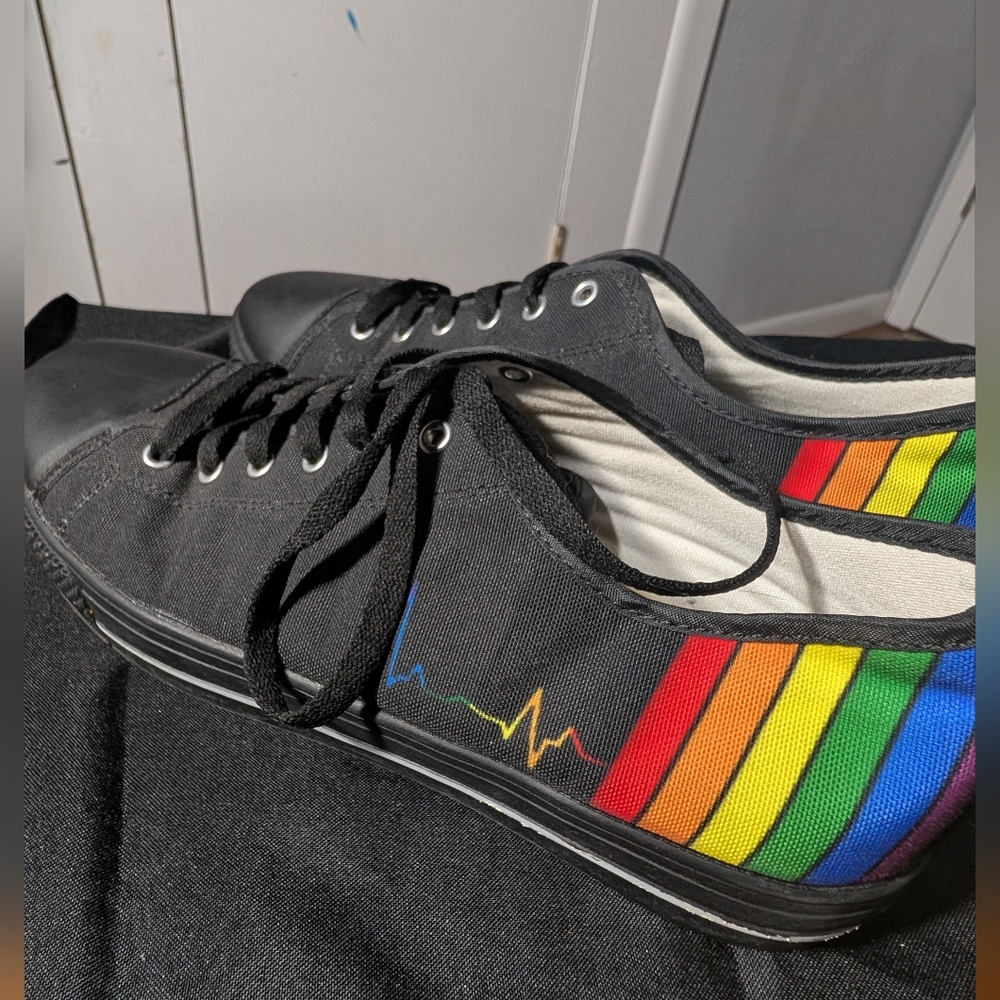 Black Canvas Men’s Pride Shoes Custom Pride design and Heartbeat Size 10M, 12W